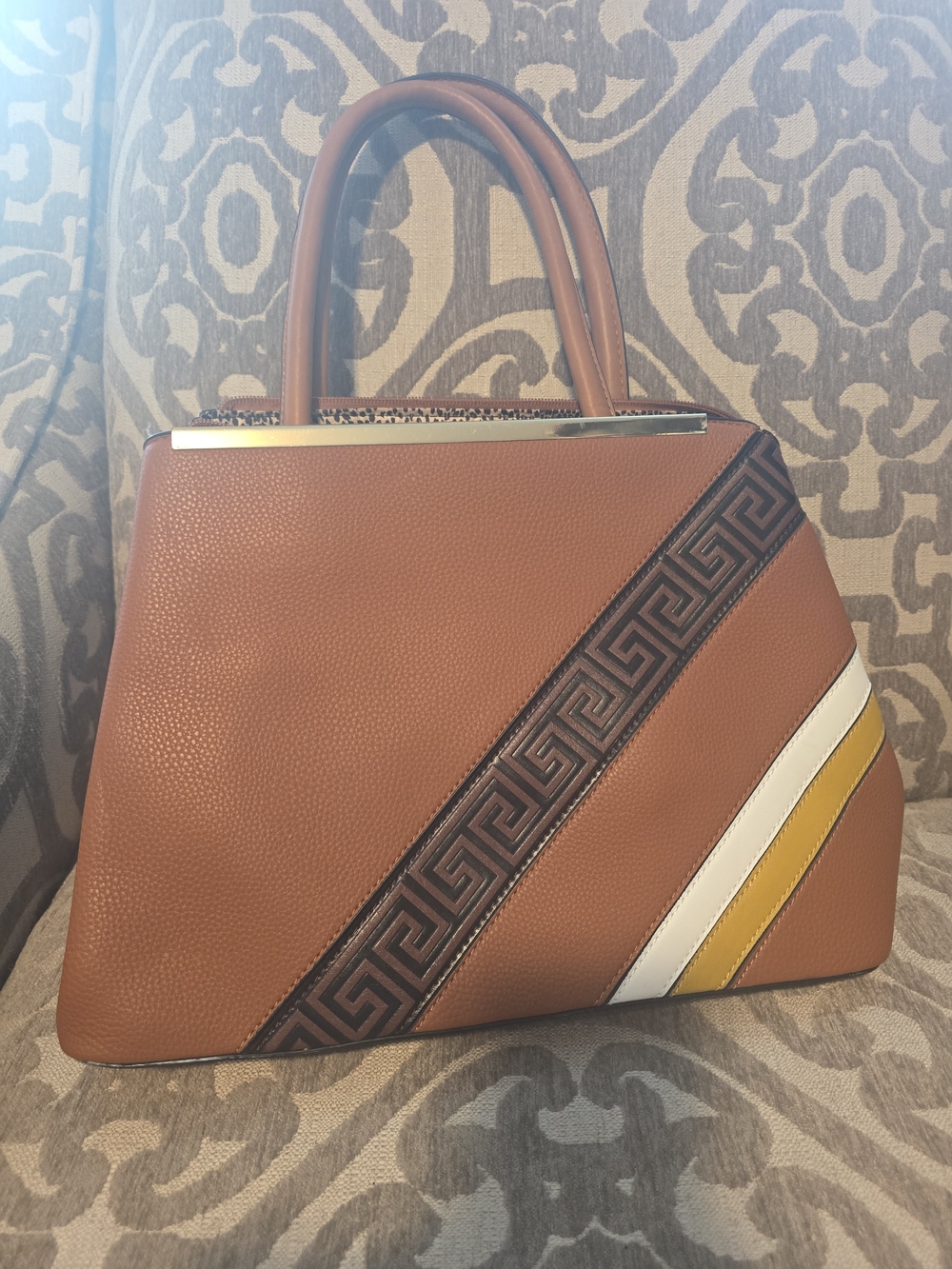 Wilsons Leather Brown Satchel with White and Mustard Stripes
